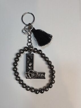 Black Resin Letter "L"  Keychain with Black Stone Bracelet & Tassel